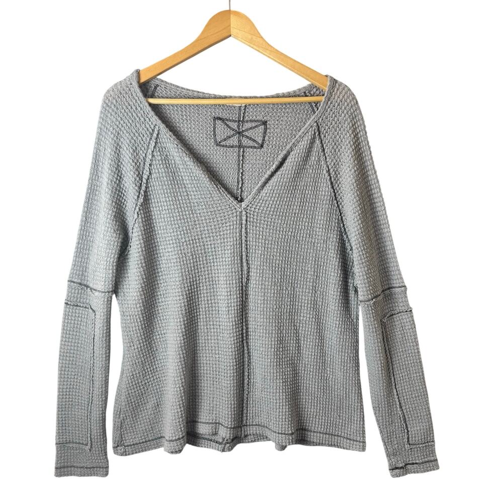 In Loom Waffleknit Long Sleeve Top Women’s Oversized Gray V-Neck Boho Hippie